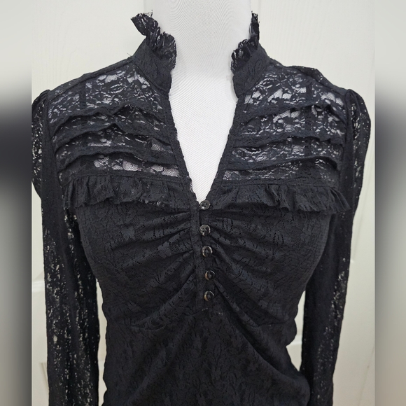 Apt 9 Black Lace v neck Ruffle Detail Long Sleeve Top Blouse S - Picture 7 of 8
